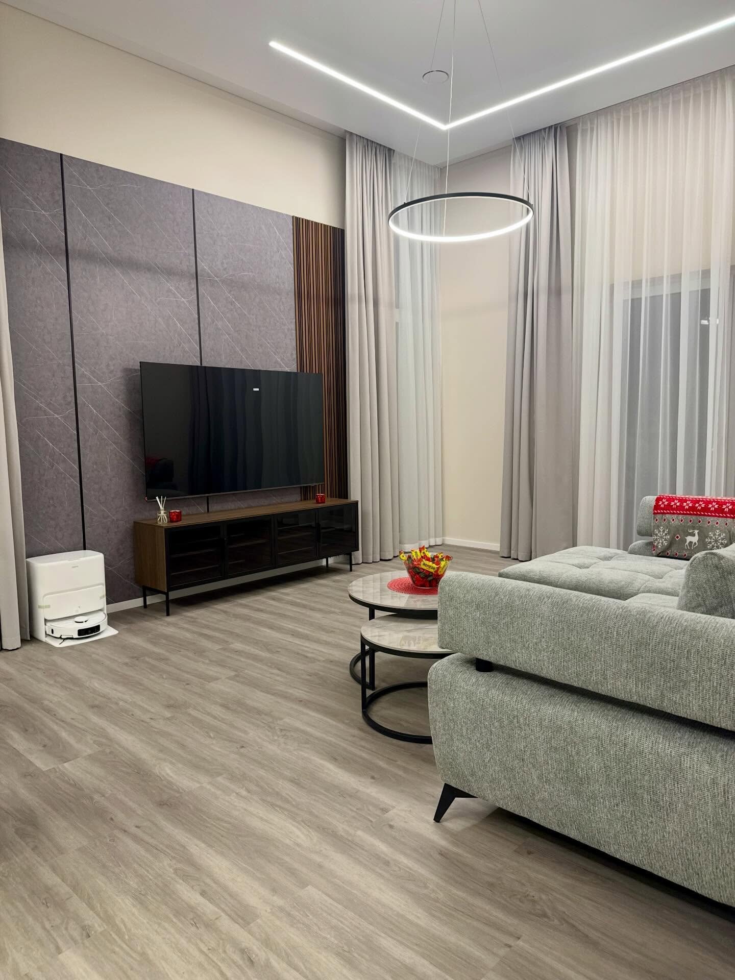 Svetainė su TV zona ir sofa